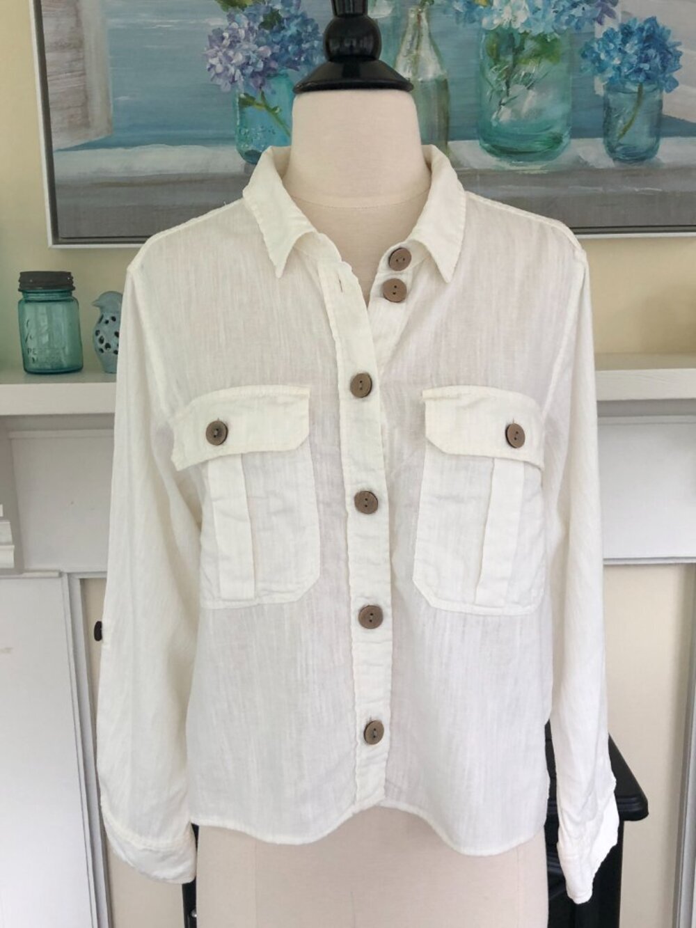American Eagle Linen Summer Jacket Medium Flap Pockets Roll Tab Sleeves Lite Wt